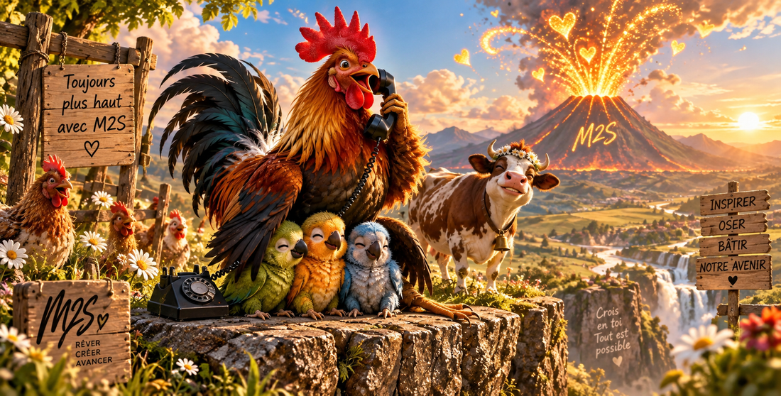Coq souriant M2S au téléphone avec trois petits oiseaux et une vache, devant un volcan lumineux symbolisant l’énergie, les rêves et la réussite Mary2Styles. 