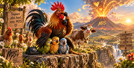 Coq souriant M2S au téléphone avec trois petits oiseaux et une vache, devant un volcan lumineux symbolisant l’énergie, les rêves et la réussite Mary2Styles. 