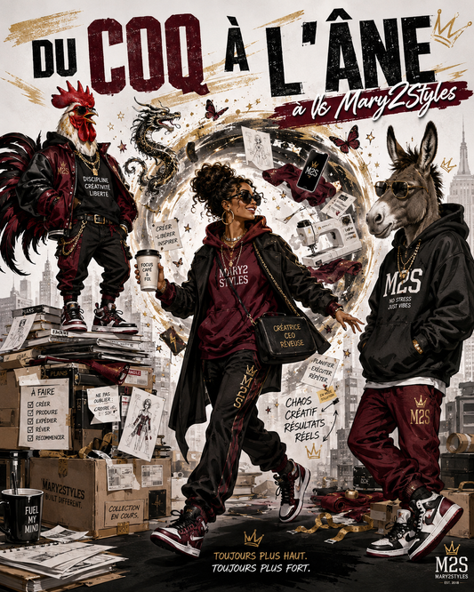 Du coq à l’âne, chaos créatif urbain M2S avec coq, âne, plans, café et création