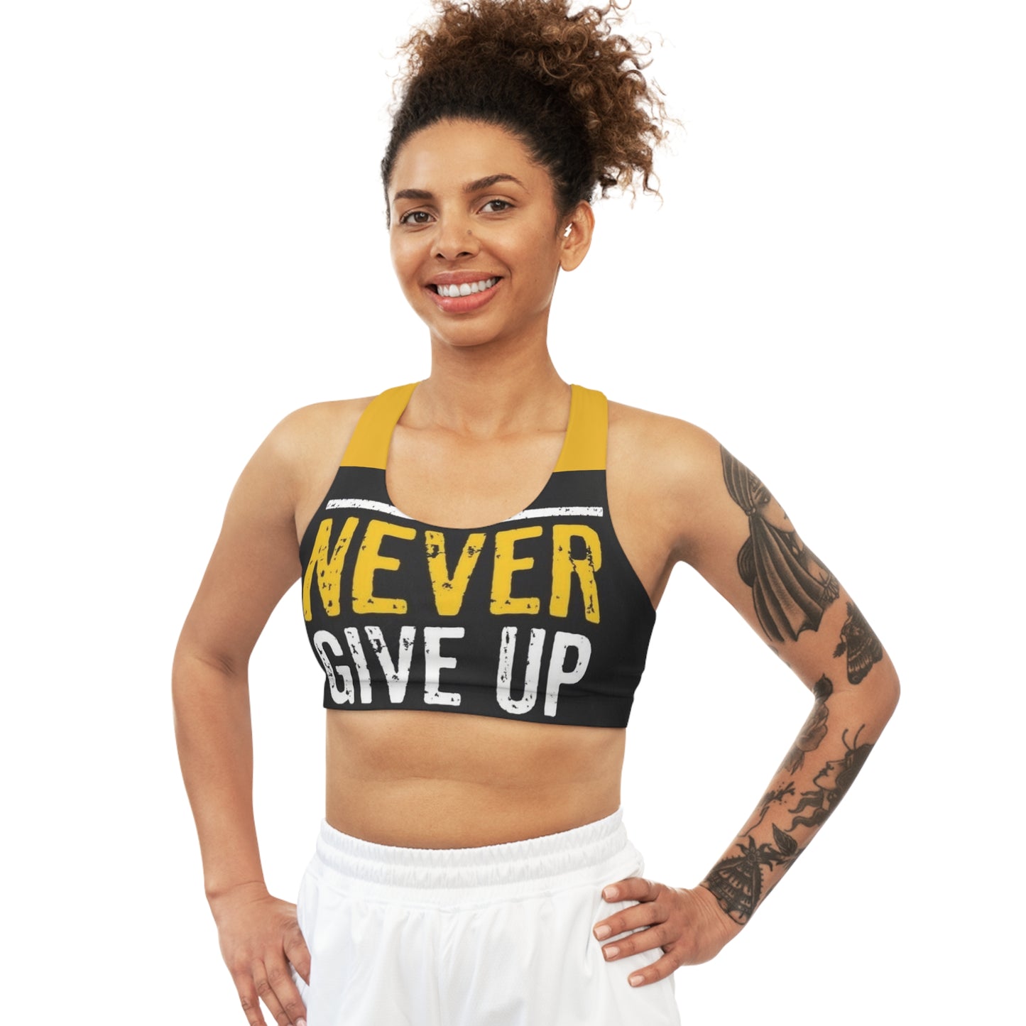 “Never Give Up” Sports Bra – Support and Motivation in One Design.