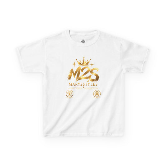T-shirt blanc pour enfant avec logo doré M2S Mary2Styles sur la poitrine.