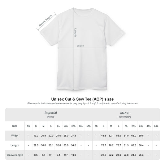 Tableau des tailles du t-shirt blanc avec mesures de longueur, largeur et manches.