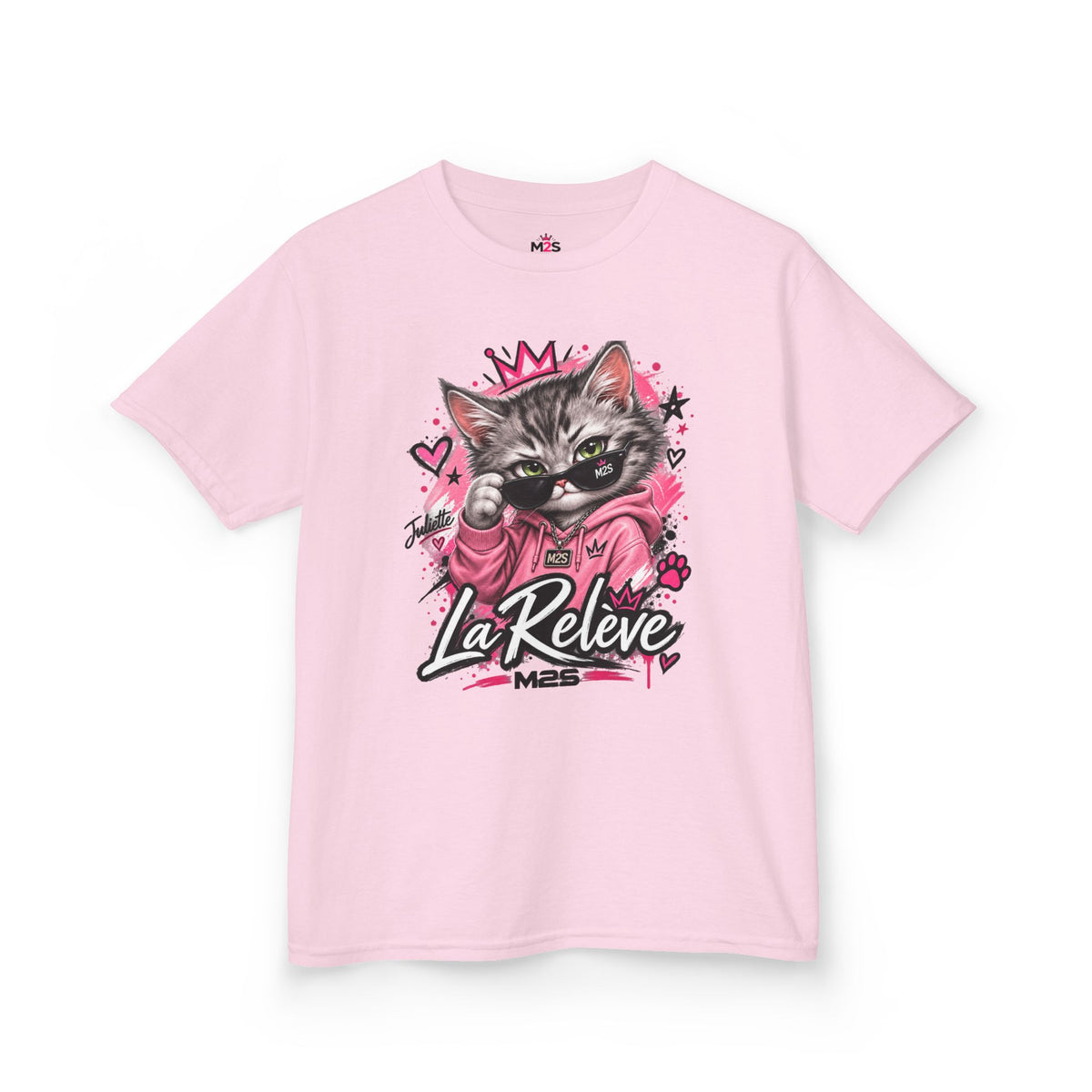 T-shirt rose pour enfant avec un chat portant des lunettes de soleil, un hoodie rose et l'inscription La Relève M2S.