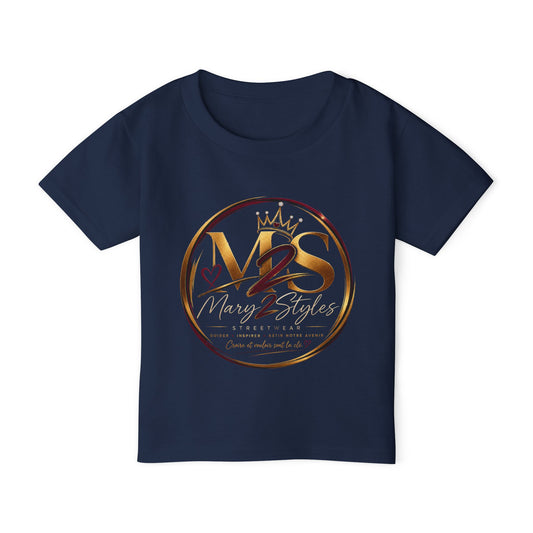 T-shirt bleu marin pour tout-petit avec logo « Mary 2 Styles » doré et rouge sur la poitrine.