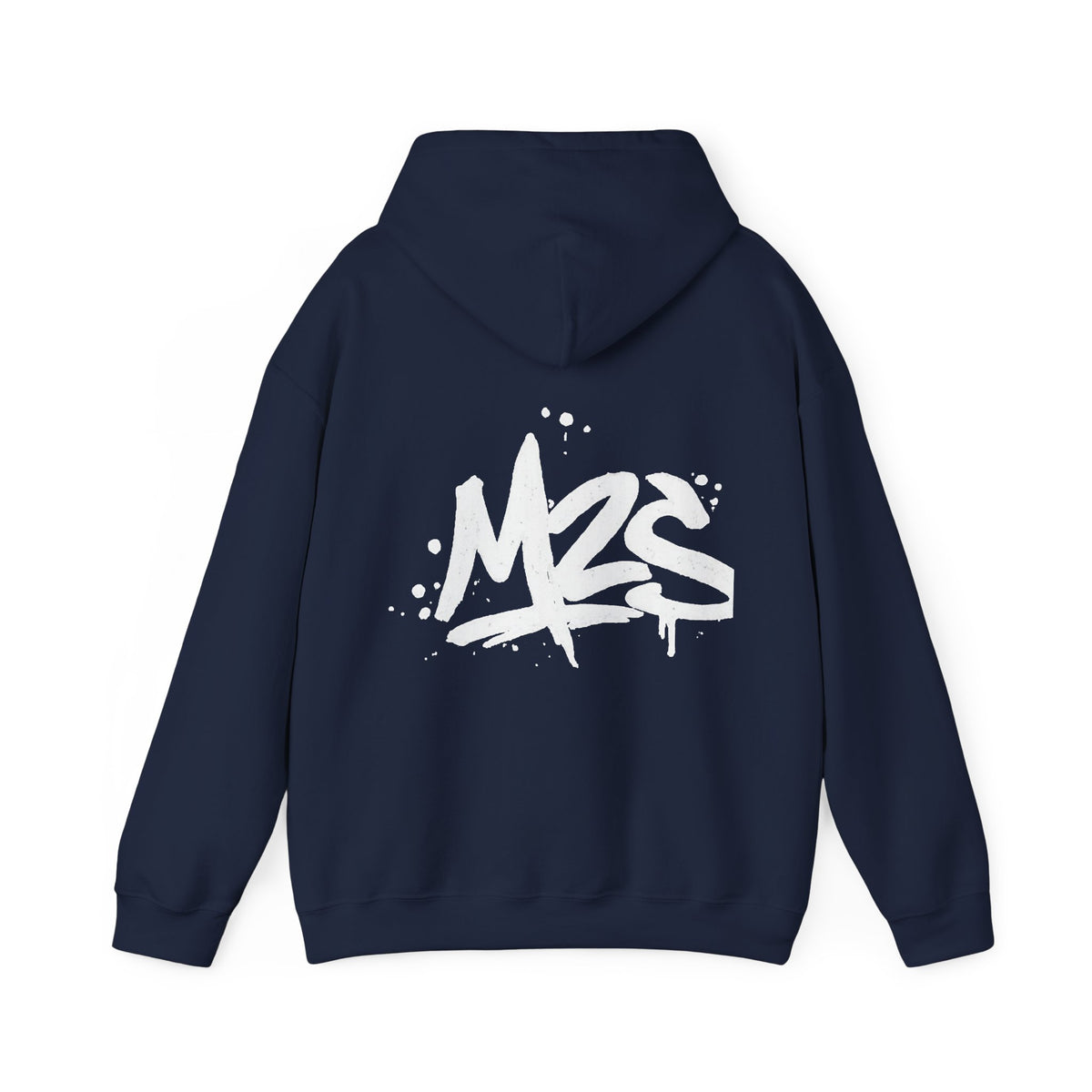 Dos d'un hoodie bleu marine avec un grand logo M2S blanc style graffiti au centre.