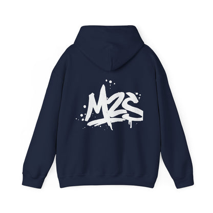 Dos d'un hoodie bleu marine avec un grand logo M2S blanc style graffiti au centre.