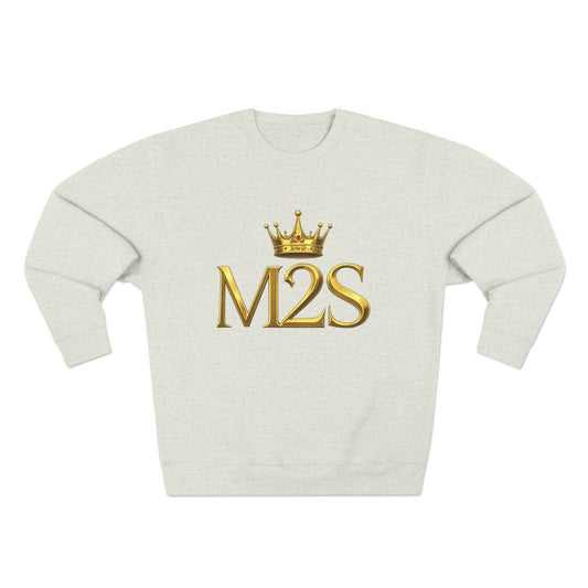 Crewneck gris pâle avec le logo M2S doré surmonté d'une couronne dorée au centre.