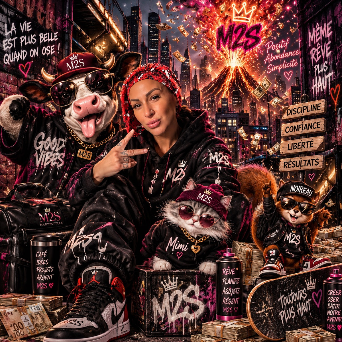 Univers M2S urbain avec Marie, animaux symboliques et identité Mary2Styles