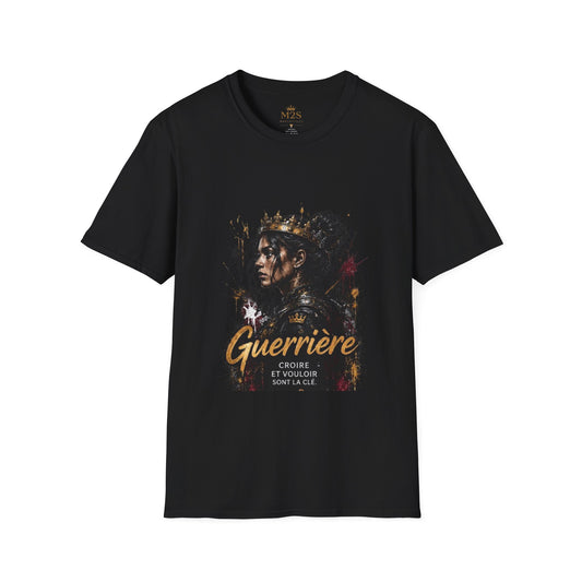 T-shirt noir M2S avec illustration de femme couronnée et texte Guerrière : Croire et vouloir sont la clé.