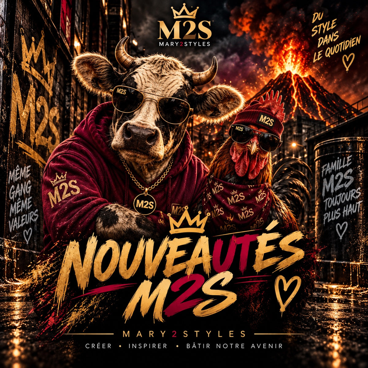 Du coq à l’âne M2S avec la vache, le coq et le volcan